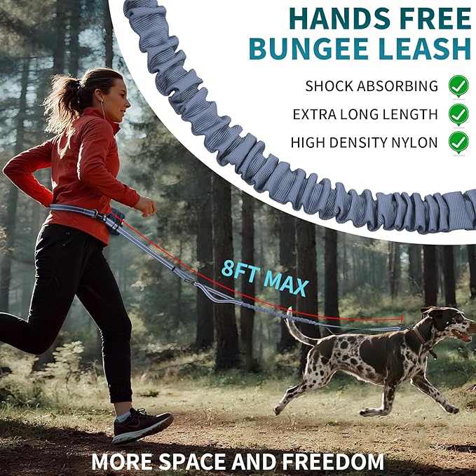 Hands Free Dog Leash with Removable Zipper Pouch, Dual Padded Handles and Durable Bungee for Walking, Jogging and Running-Navy Blue