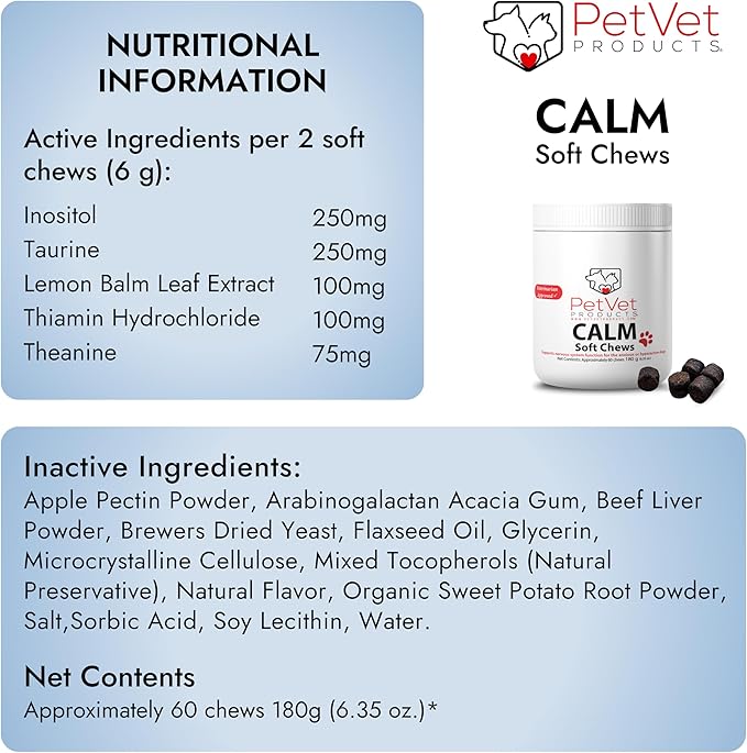 Pet Vet Calming Chews for Dogs – Dog Anxiety Relief (Beef Liver Flavor 60 Chews) – Stress Relief, Supplements for Hyperactive & Anxious Dogs – Dog Anxiety Bites for Relaxation, Pet Care Products