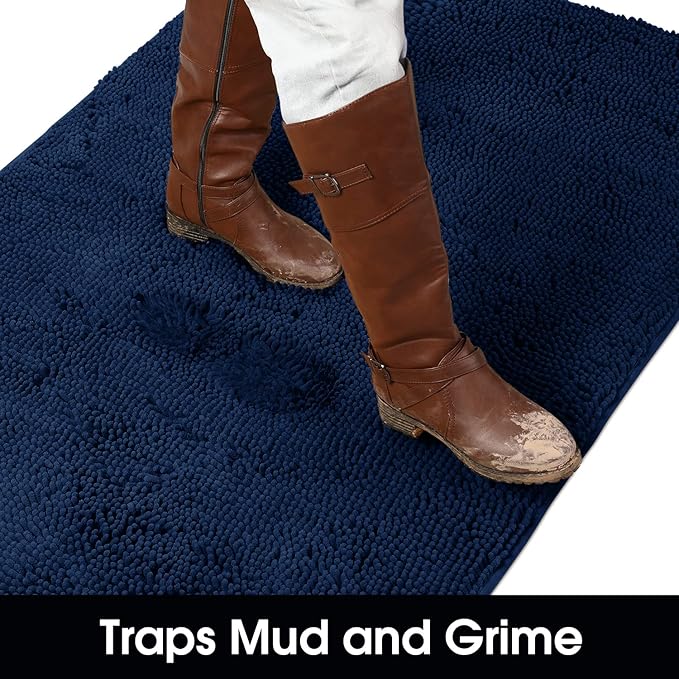 HOMEIDEAS Doormat Indoor Entrance, 36"x24", Highly Absorbent Chenille Muddy Dog Washable Non Slip Front Welcome Door Floor Mat for Entryway, Navy Blue