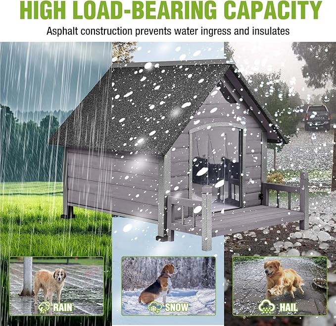 GUTINNEEN Outdoor Dog House Insulated Weatherproof Dog Kennel with Anti-Bite Metal Frame, Puppy Shelter with Insulated Liner and Porch for Small, Medium Large Dogs (Grey, 45’’ Medium)