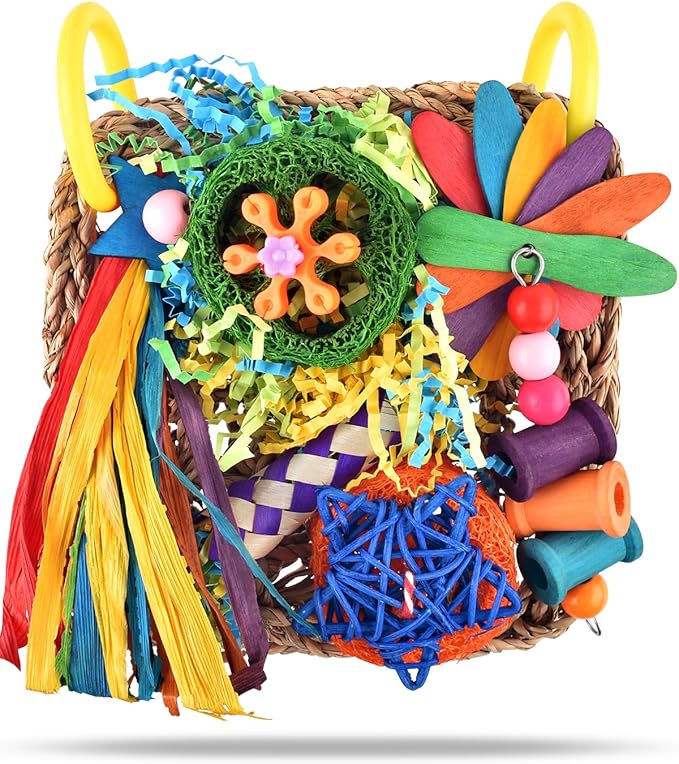 ERKOON Bird Cockatiel Toys Foraging Toys Hanging Parrot Toys for Lovebrid Parakeets Conures Bird Foraging Wall with Colorful Toys for Birds Shredding Seagrass, Birds Cage Toy Accessories