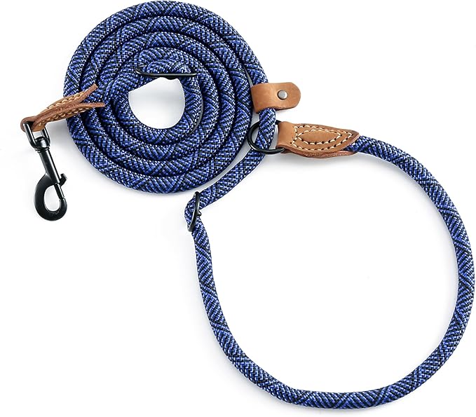 Mile High Life Hands Free Dog Leash, Crossbody Waist Leash with Genuine Leather Connection, Multifunctional Adjustable Slip Lead for Dog Walking Running (Blue, 8FT)