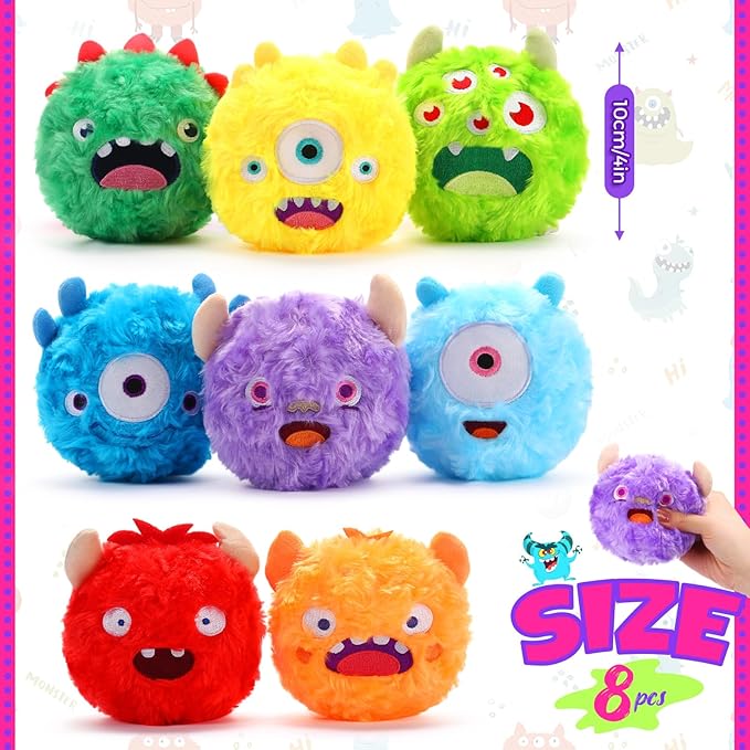 HyDren 8 Pack Soft Squeaky Dog Ball Toys 2 In1 Fuzzy 4" Dog Balls with Squeakers Plush Funny Puppy Ball Bulk Small Dog Valentine Toys Monster Dog Chewers for Small Medium Puppy Dog Pet Birthday Gift