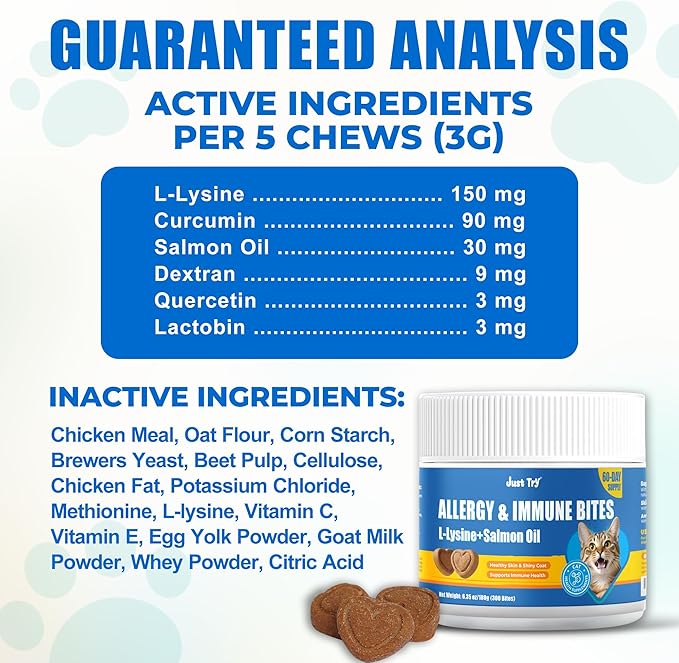 Just Try 300 Bites Allergy & Immune Bites For Cats - with L-Lysine & Quercetin - Skin & Coat Health Eye Health - Soft Bites for Itchy Skin Relief & Cat Allergy- Grain Free Dietary supplements for pets