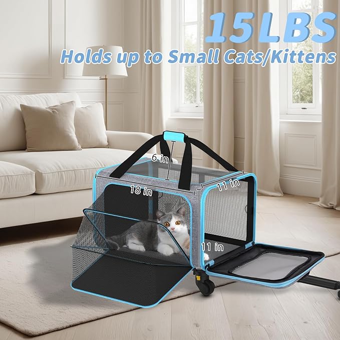 3-in-1 Upgraded Pet Carrier with Wheels, 18" x 11" x 11" TSA Airline Approved, Cat Carrier on Wheels for Small Cats Up to 15Lbs, Rolling Pet Carrier, Cat Soft-Sided Bag for Flying, Travel & Vet