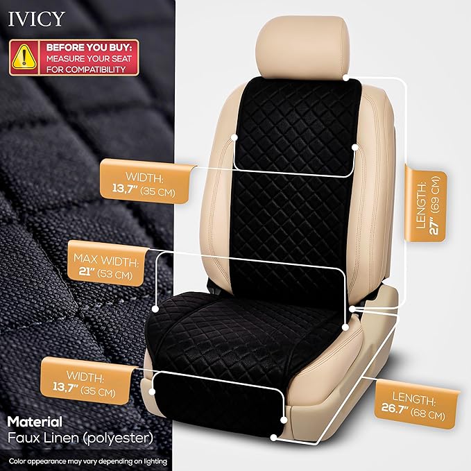 IVICY Faux Linen Car Seat Cover for Cars - Durable & Non-Slip - Front Car Seat Protector Covers for Most Automotive, Vans, SUVs, Trucks - 1 Unit - Black
