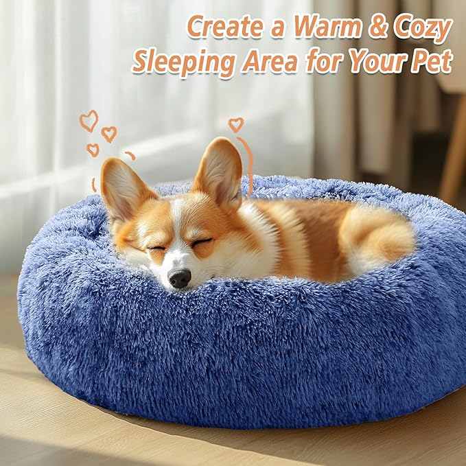 JOLLYVOGUE Calming Dog & Cat Bed for Small Dogs, Anti-Anxiety Donut Cuddler Cozy Soft Round Bed with Anti-Slip Bottom, Fluffy Faux Fur Plush Cushion Beds for Small Medium Pets (23")