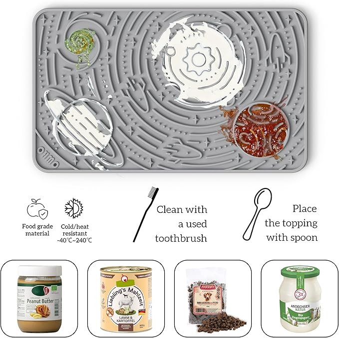OHMO Lick Mat for Dogs & Cats - Large Size 9.8"×5.9" (2pcs,Ash+Beige) - Space Star Design Slow Feeder with Suction Cups, Keep Them Busy & Anxiety Relief, Easy Clean Enrichment Accessories