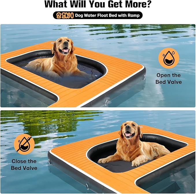 Inflatable Dog Water Platform and Dog Water Ramp 2 in 1, Upgrated Pet Floating Ladder with Non-Slip EVA Foam for Large Dogs Up to 180LBS, Suit for Pool, Lake, Dock and Boat(Large, Brown)