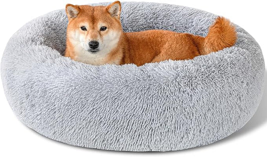 Dog Calming Beds for Small Medium Dogs - Round Donut Washable Dog Bed, Anti-Slip Faux Fur Fluffy Donut Cuddler Anxiety Cat Bed(Light Grey 32")