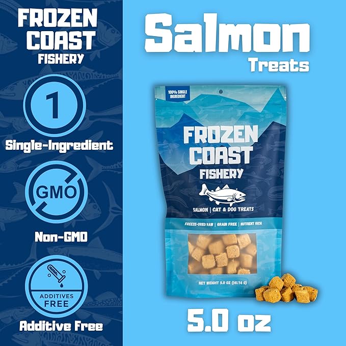 Frozen Coast Freeze-Dried Wild-Caught Salmon Cat & Dog Treats-High-Protein, Omega-3, Grain-Free (5 oz Bag)