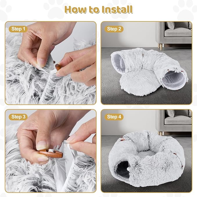 Odoland Cat Tunnel Bed with 20 Cat Toys - Indoor Plush Kitten Couch, Detachable Cats Cave Donut Tunnel & Soft Kitten Toy Set - Cozy Cat Furniture, White