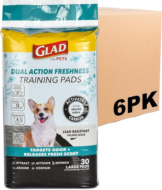 Glad for Pets Dual Action Freshness Activated Carbon Puppy Training Pads with Fragrance Release, Scented Pee Pads, Ultra Absorbent, Odor Control, 23"x23" 30ct - 6 Pack