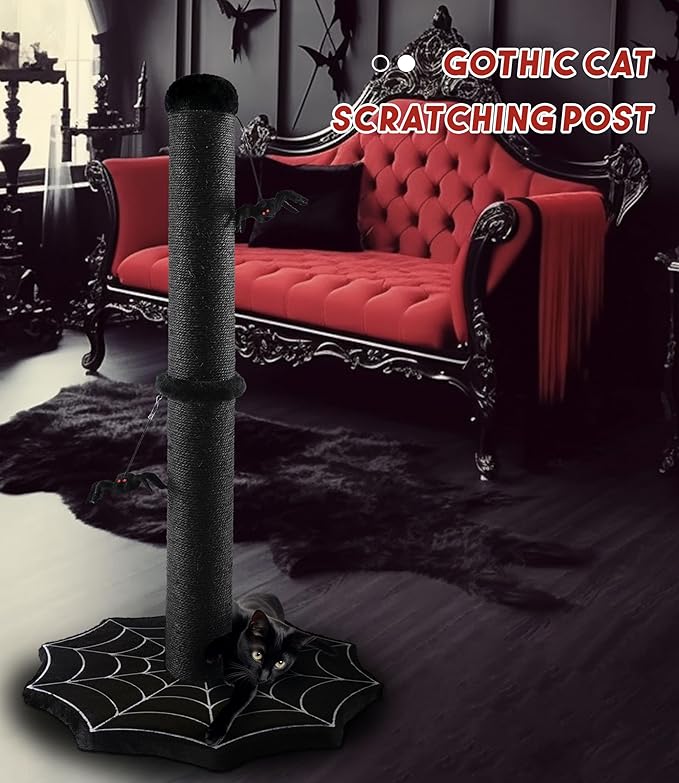 Gothic Cat Scratching Post with Spider Dangling Toys for Indoor Large Cats, Halloween Spooky Cat Scratcher,Activity Cat Play Center Cat Tree Tower Furniture with Cobweb Base,Black,Large