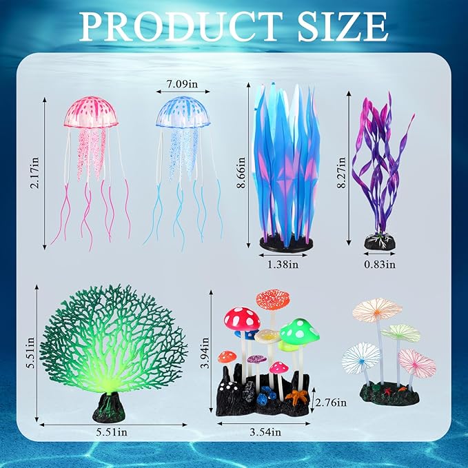 Frienda 8 Pieces Glowing Fish Tank Decorations Plants with 2 Style Glowing Kelp, Sea Anemone, Simulation Coral, Jellyfish, Lotus Leaf, Mushroom for Aquarium Fish Tank Ornament (Blue, Pink)