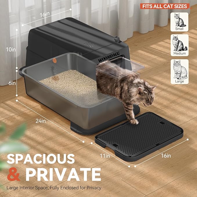 Enclosed Stainless Steel Cat Litter Box with Odor Control, Modular Design with Drawer and Flip Door, Easy to Clean and Wash,Non-Stick Interior,Extra Large Size Fits All Cats(Black)
