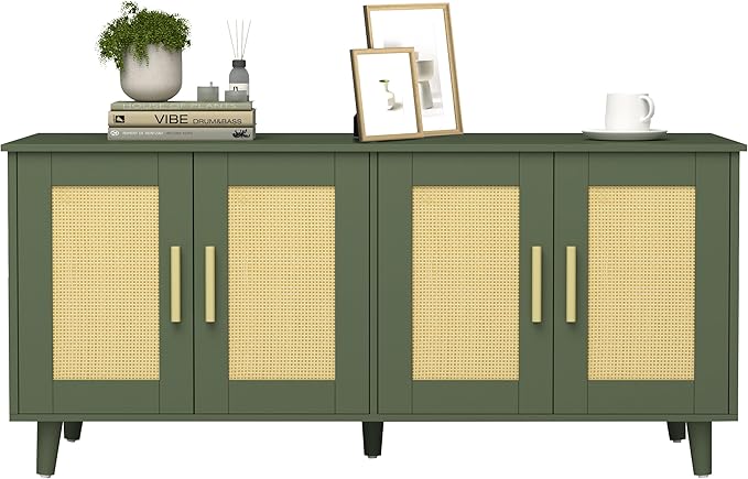 Homhedy Boho Cat Litter Box Enclosure for 2 Cats, Wooden Cat Washroom Furniture with Double Rattan Decorated Doors, Pet House,47.2”L x 19.7”W x 21.7”H, Green