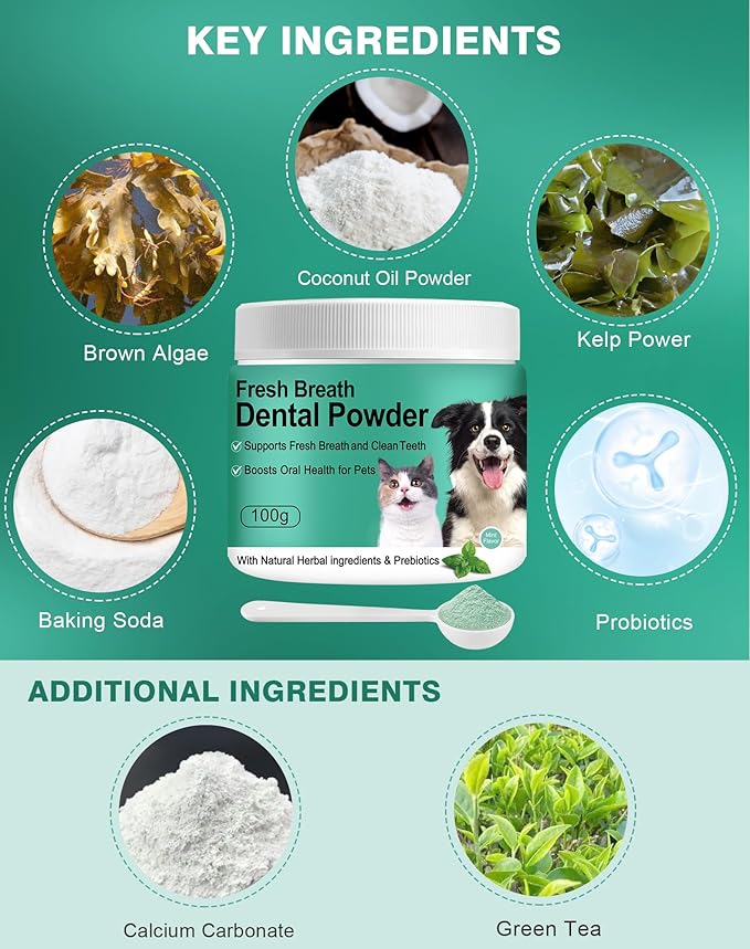 Koite Dog Teeth Cleaning Powder 100g Mint Fights Plaque & Tartar Freshens Breath All-Natural Ingredients for Dogs of All Breeds and Ages Easy to Use Dog Dental Powder E