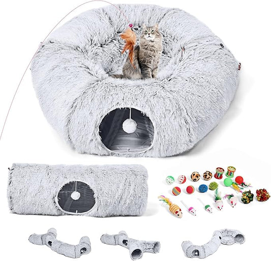 Odoland 5 Shapes Cat Tunnels with Fluffy Bed - Indoor Cats Cave Tunnels with 20 Pet Toys, DIY Kittens Donut Tunnel and Variety Kitten Toy Set for Puppy Rabbit