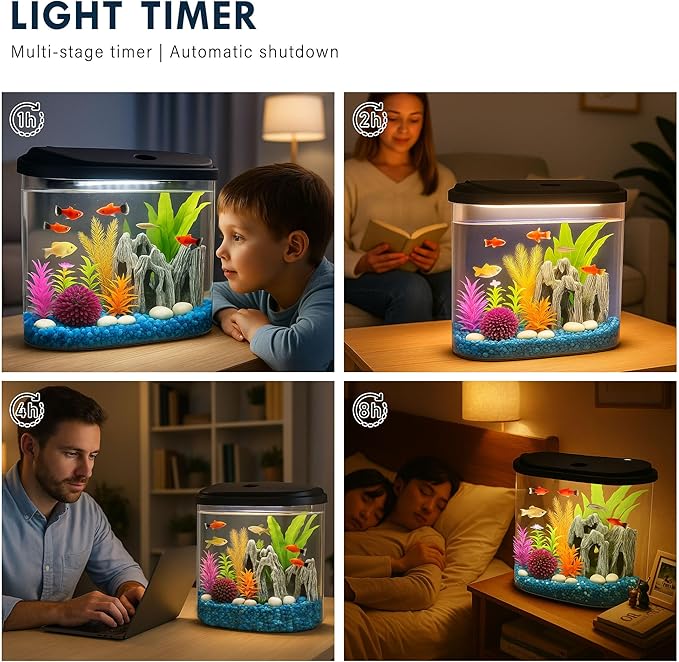 Koller Products Aquarium Fish Tank 4.5 Gallon Starter kit, Self Cleaning System Efficiency Filter 7 Color LED Lights and Timer, Plastic Small Fish Tank for Betta Guppies Neon Snail Ornamental Shrimp