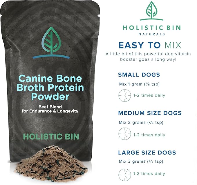 HOLISTIC BIN Canine Powderized Beef Bone Broth – Protein Powder for Endurance & Longevity – Nutritious Dog Enrichment for Energy & Wellness – Premium Beef Protein Supplement - 50 Grams