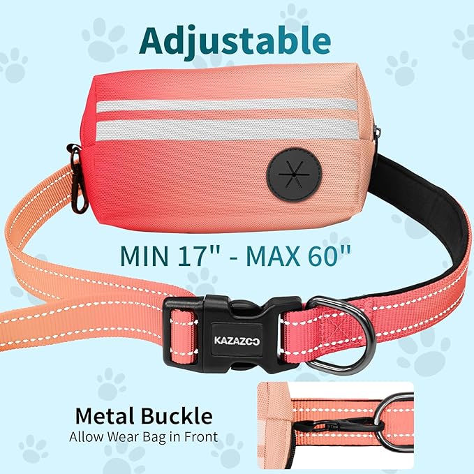 Hands Free Dog Leash with Removable Zipper Pouch, Dual Padded Handles and Durable Bungee for Walking, Jogging and Running-Orange