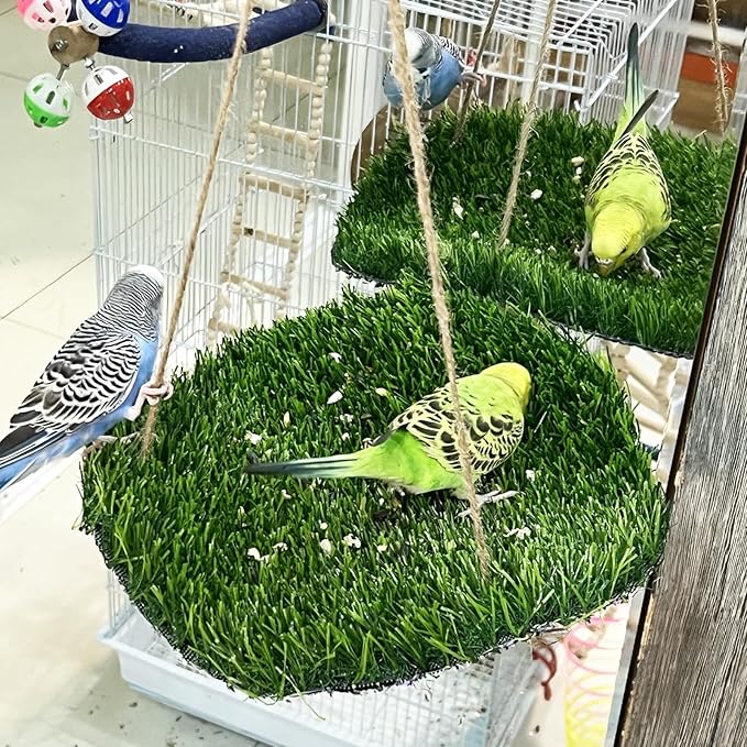 FlidRunest Large Bird Foraging Mat Toys, Natural Bird Grass Hammock Swing Toy with Hooks, Climbing Perch Hanging Toy for Parakeets, Parrot, Cockatiels, Bearded Dragon, Snake