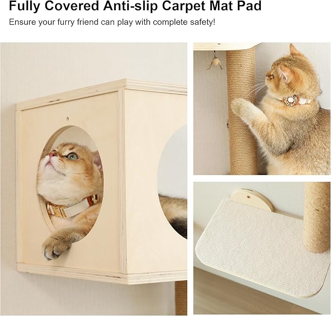 FUKUMARU Cat Wall Shelves, 5-Piece Stable Wooden Wall-Mounted Furniture Set, Kitty Climber with Hammock, House, Steps, Scratching Post (Beige)