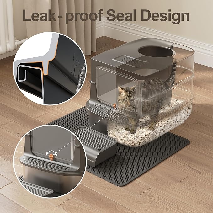 Jalove Stainless Steel Cat Litter Box with Lid, XL Extra Large Metal Litter Box for Big Cat, Covered Enclosed Kitty Litter Boxes, High Sided Enclosure with Scoop & Mat, Easy Cleaning, Dark Gray