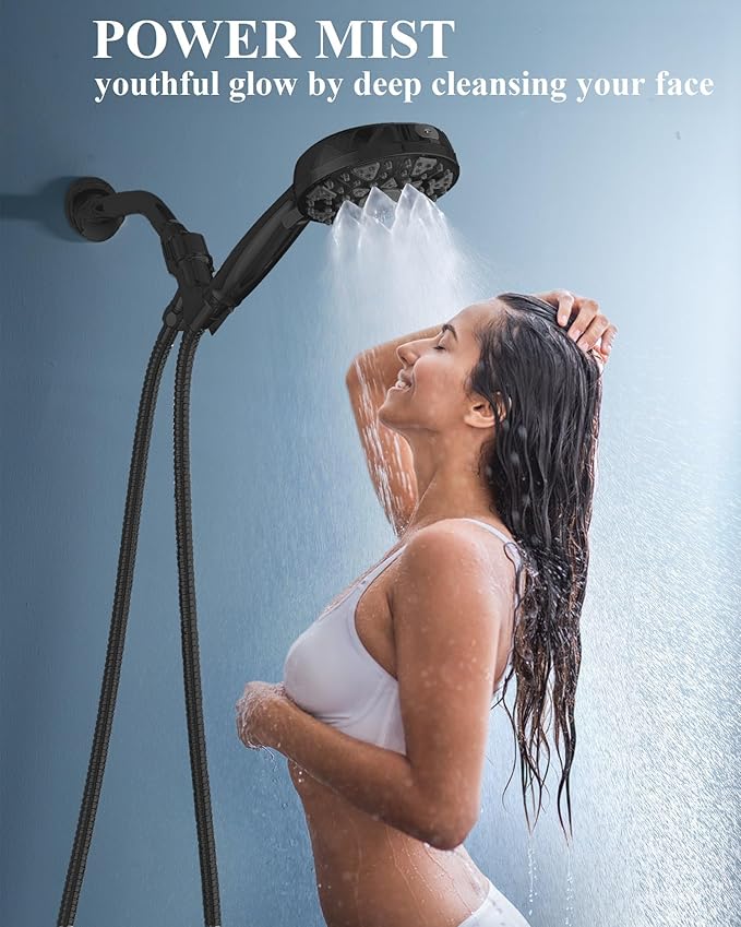 High Pressure Shower head with Handheld 7 Modes, Built-in Power Wash to Clear Tub. Tile & Pets, 5” High Flow Hand Held Hydro Rain Showerhead with Stainless Steel Hose and Adjustable Bracket-Matt Black