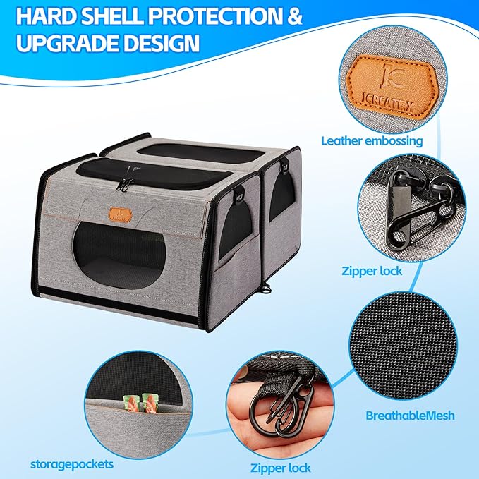 IC ICREATE.X Large Cat Carrier with Litter Box for Car Travel, Pet Carrier Bag 2-in-1，Double Cat Travel Transport Carrier for Long Distance, Collapsible Dog Crate, Cat Bag for Kitten 2 Cats