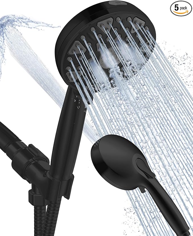 High Pressure Shower head with Handheld 7 Modes, Built-in Power Wash to Clear Tub. Tile & Pets, 5” High Flow Hand Held Hydro Rain Showerhead with Stainless Steel Hose and Adjustable Bracket-Matt Black