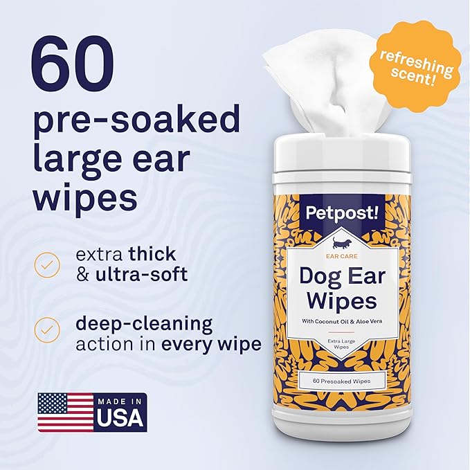 Petpost | Large Dog Ear Cleaner Wipes - Ultra Soft XL Cotton Pads in Coconut Oil Aloe Solution - Remedy for Dog Ear Rinse & Cleanser 60 ct.