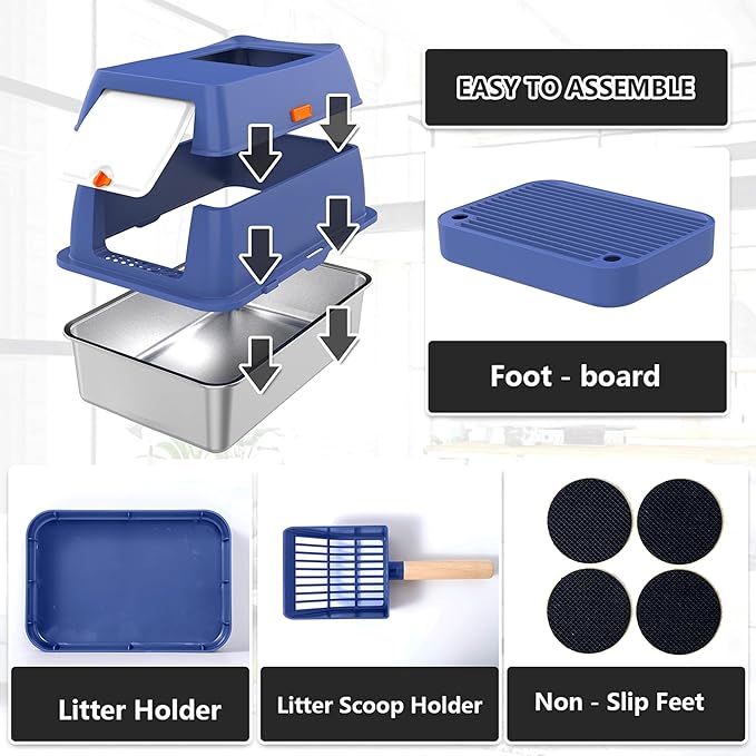 Stainless Steel Cat Litter Box with Lid Extra Large Open-Top Dual Entry Enclosed Metal Pan Tray with High Sides Pedal Scoop Non-Stick Anti-Leakage Easy Cleaning for Big Multi-Cat (Blue)