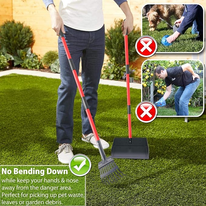 Larger Heavy Duty Pooper Scooper for Dogs-Rake, Spade,Tray Set with Long Handle,No Bend Down Easy Cleanup,Great for Yard Grass Gravel Dirt,Use for Large Small and Multi Dogs