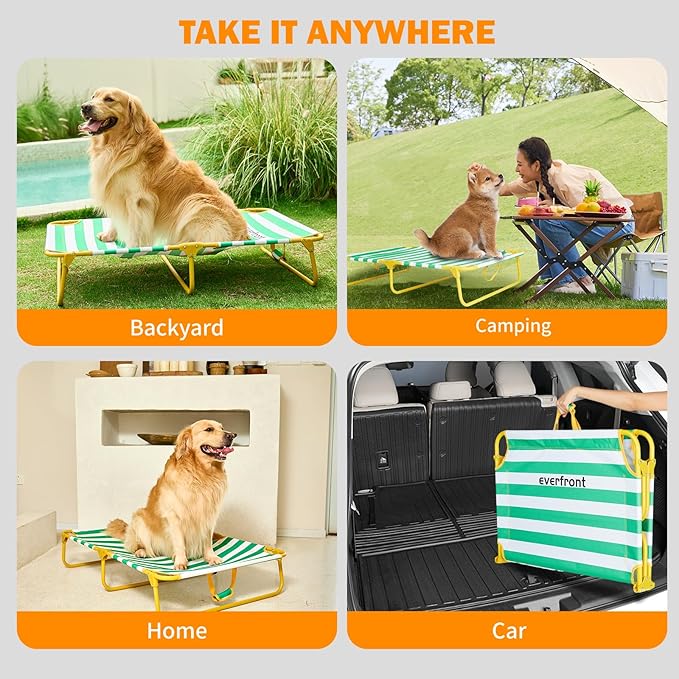 Dog Elevated Bed Foldable Portable Raised Bed Camping cot Outdoor Summer Dog Bed (Large, GreenStripes-Oxford Fabric)