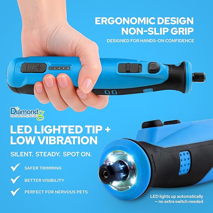 Diamondg Cordless Dog Nail Grinder with Quiet Sound & LED Tip for Large & Small Dogs, 4hrs. Runtime, 2 Bits Included, Blue