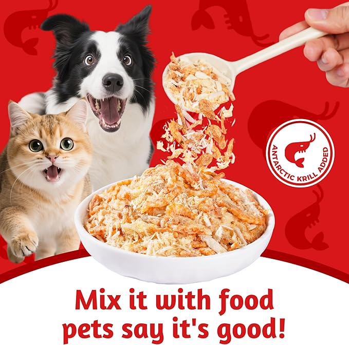 Just Try 8 OZ Raw Antarctic Krill Freeze Dried Cat & Dog Food Toppers Mixers Meal Toppers Low Calorie with Real Chicken Egg Yolk, High Protein Food Toppers Omega 3 for Picky Eaters Skin & Coat Support
