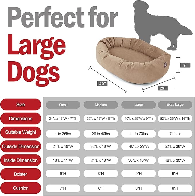 Majestic Pet 40 Inch Suede Shredded Memory Foam Mix Calming Large Dog Bed Washable 40 x 29 x 9 (Inch) - Cozy Soft Round Donut Dog Bed with Spine for Head Support - Pet Bed Stone