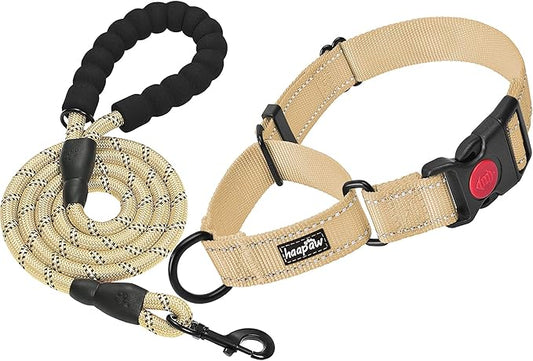 haapaw 2 Packs Martingale Dog Collar with Quick Release Buckle Reflective Dog Training Collars for Small Medium Large Dogs (Collar+Leash, L Neck 17"-21", Beige, 1+1 Packs)