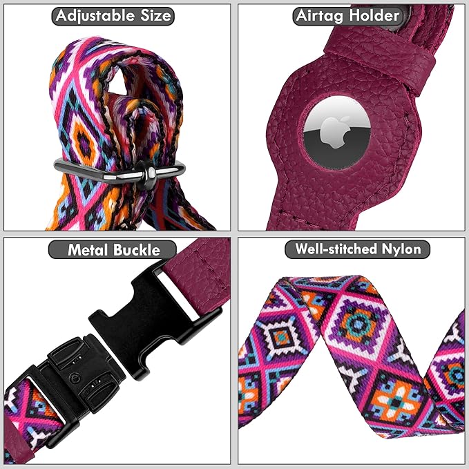 AirTag Dog Collar with Metal Buckle - Soft Leather Printed Nylon Dog Collar with Apple AirTag Holder - Cute Tracking GPS Pet Collars for Girl Boy Small Large Dogs (M, 14"-18" Neck Fit, Aztec)