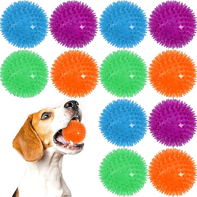 12Pack Squeaky Toys, 2.5" Spiky Ball, Cleans Teeth, Squeaky Balls for Aggressive Chewers, Bright Color Toys for Small, Medium & Large Dogs
