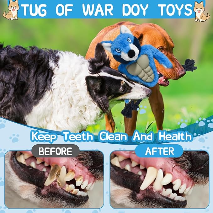 Wolf Rope Tug Toy with Muscle & Squeaker - Durable Plush Chew Toy for Aggressive Chewers, Interactive for Small Medium Large Dogs