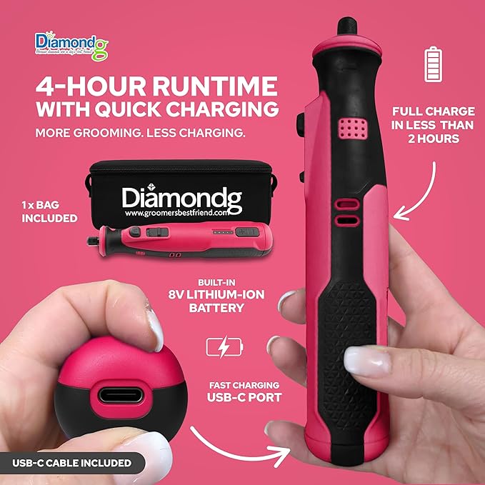 Diamondg Cordless Dog Nail Grinder with Quiet Sound & LED Tip for Large & Small Dogs, 4hrs. Runtime - Electric Dog Nail Trimmer, Heavy Duty Rotary Tool Alternative to Toenail Clippers & Filers