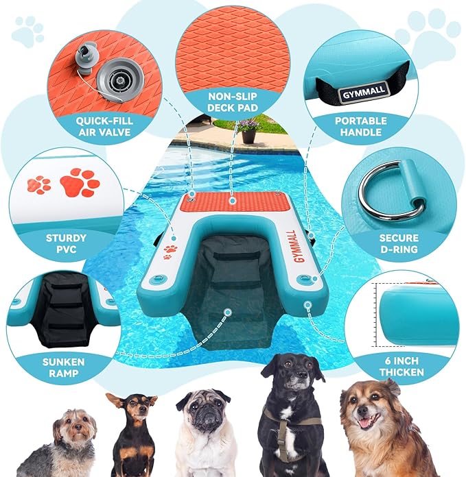 Inflatable Dog Water Ramp Pet Dock Platform Blue, Pet Water Platform for Boat Pool Lake Sea, Non-Slip Safety Floating Dock for Dogs up to 200lbs, EVA Puppy Float Ramp Dog Water Ladder