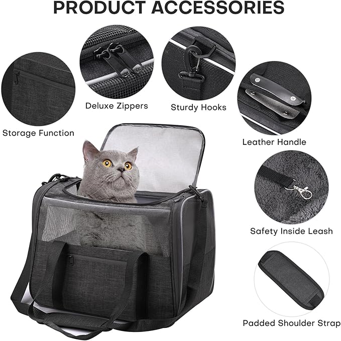 JUNGYOUN Premium Cat Carrier - Pet Carrier for Cat & Small Dogs up to 15lbs - Airline Approved Travel Dog Carrier with Anti-Escape Zippers, Collapsible Travel Bowl & Padded Strap,Dark Grey