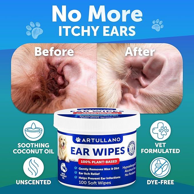 Dog Ear Wipes - 100 ct - Removes Wax and Dirt - Soothing Ear Cleaner Wipes for Dogs, Puppies - 100% Plant Based, Unscented with Coconut Oil - Ear Infection Treatment to Relief Itching & Inflammation