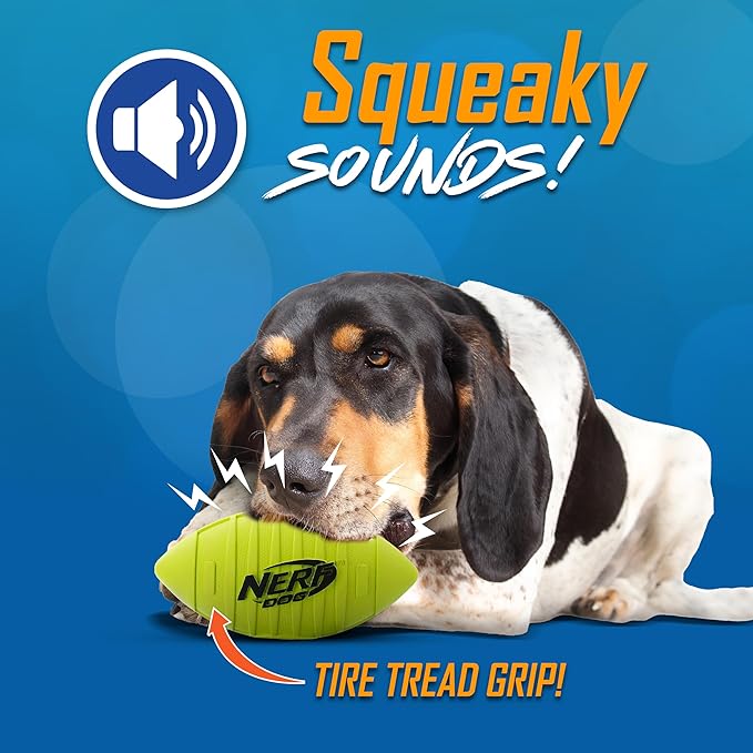 Nerf Dog Blitz Squeak Football Outdoor Dog Toy, 7 Inch Dog Football Squeaking Toy for Medium and Large Breeds, Green