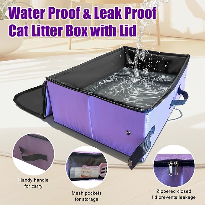 Upgraded Portable Cat Travel Litter Box with Zipped Lid & 10 Liners, Leak-Proof and Foldable Travel Cat Litter Box for Hotels, Car, and Camping, Odor-Free & Waterproof, 20x14x6.5 Inches (Purple)