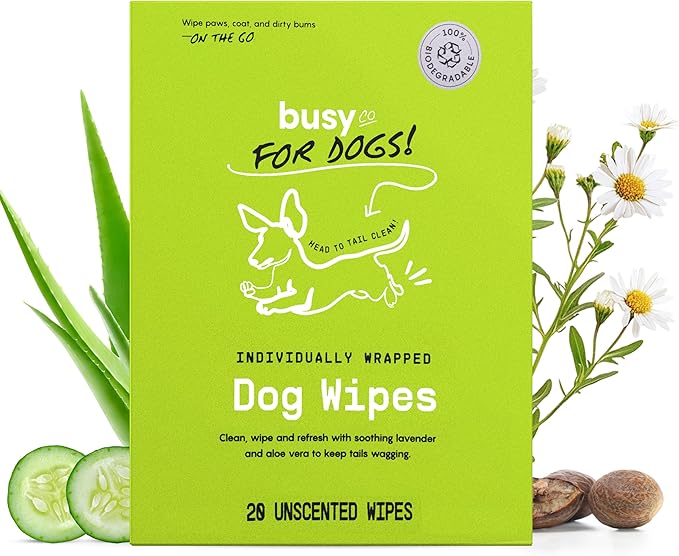 Busy Co. - Hypoallergenic Dog Wipes, Cleaning and Odor Control Grooming Wipes for Paws, Body, and Butt, Perfect for Puppy and Adult Dogs, Individually Wrapped, Unscented (Unscented, 20 Grooming Wipes)